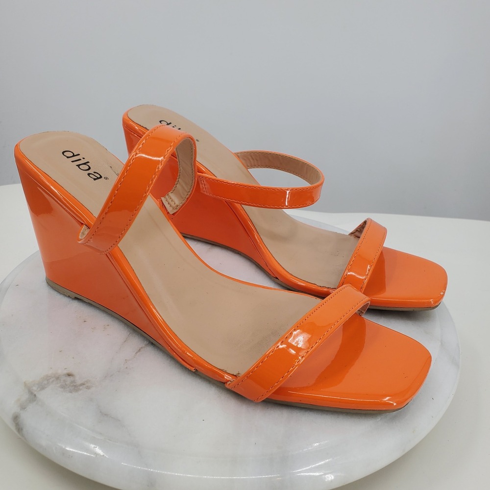 Diba Orange Patent Wedge Sandals Square Toe Two Strap Slip On Mules 9 Y2K Style